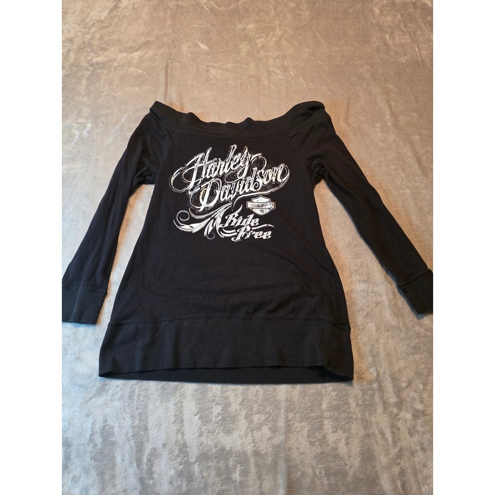 Harley Davidson Long Sleeve Shirt Men Medium Black Ride Free Off Shoulder
